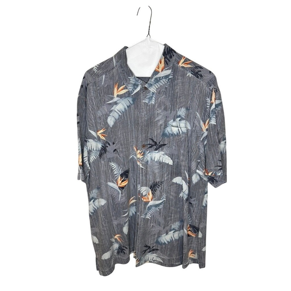 Tommy Bahama Mens XL Silk Tropical Floral Bird‎ of Paradise Camp Shirt Grey